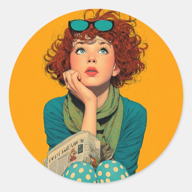Whimsical Redhead in Polka Dots Runder Aufkleber (Vorderseite)
