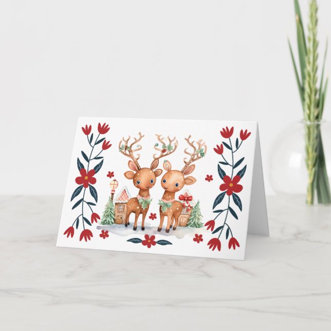 Whimsical Rentier & Florals Weihnachtskarte Feiertagskarte (Vorderseite)