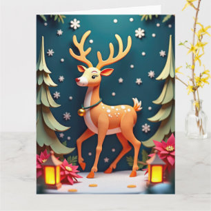 Whimsical Rentier in Snowy Forest Christmas Art Karte