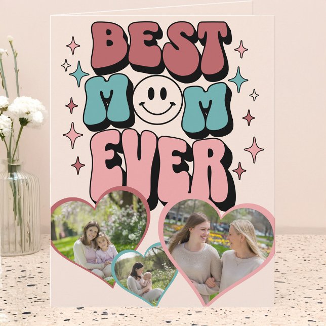 Whimsical Retro Best Mama Heart Shaped Foto Karte (Best Mom Ever Retro Multi Photo Mother's Day Card by Darling & May)