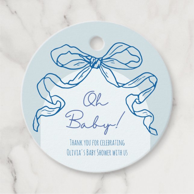 Whimsical Retro Blue Hand Drawn Bow Baby Dusche Geschenkanhänger (Vorderseite)