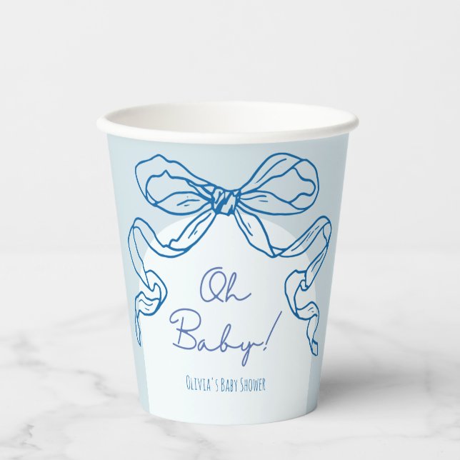 Whimsical Retro Blue Hand Drawn Bow Baby Dusche Pappbecher (Vorderseite)