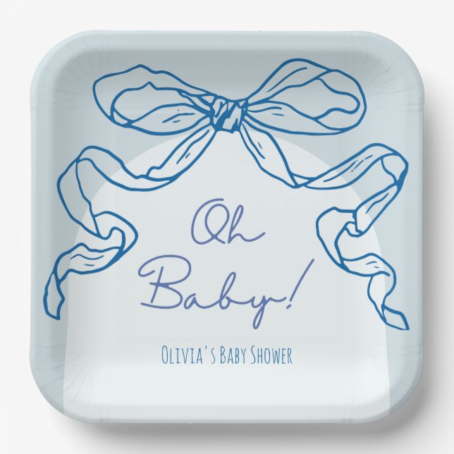 Whimsical Retro Blue Hand Drawn Bow Baby Dusche Pappteller (Vorderseite)