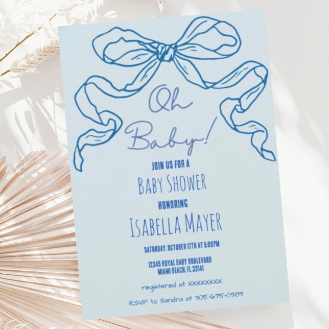 Whimsical Retro Blue Hand Drawn Bow Oh Baby Dusche Einladung (Von Creator hochgeladen)