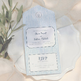 Whimsical Retro Blue Stripes Wedding All In One Einladung