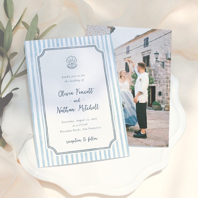 Whimsical Retro Blue Stripes Wedding Einladung (Von Creator hochgeladen)