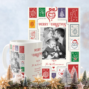 Whimsical Retro Briefmarke Weihnachts Illustration Kaffeetasse