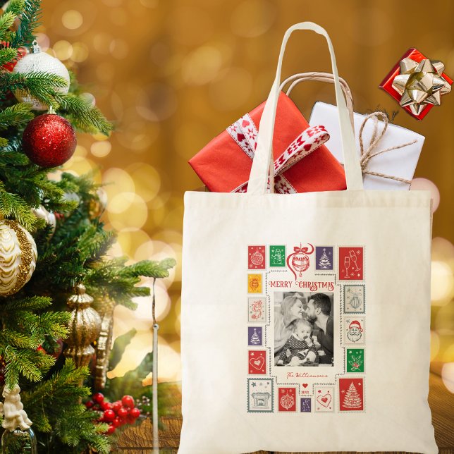 Whimsical Retro Briefmarke Weihnachtsgeschenk Foto Tragetasche (Whimsical Retro Stamp Christmas Photo Holiday Season Stocking Stuffer Gift Tote Bag)