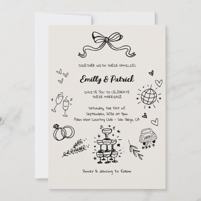 Whimsical Retro Doodle Wedding Einladung (Vorderseite)