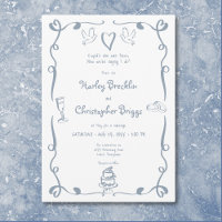 Whimsical Retro Hand Drawn Dusty Blue Wedding