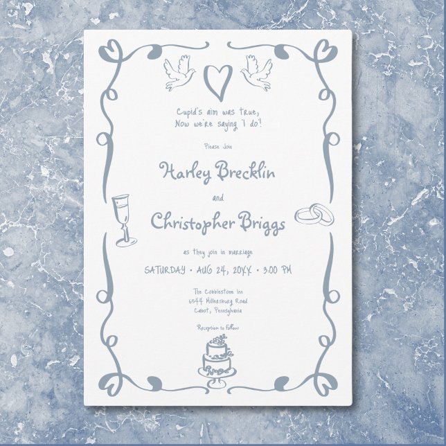 Whimsical Retro Hand Drawn Dusty Blue Wedding Einladung (Whimsical Retro Hand Drawn Dusty Blue Wedding Invitation)