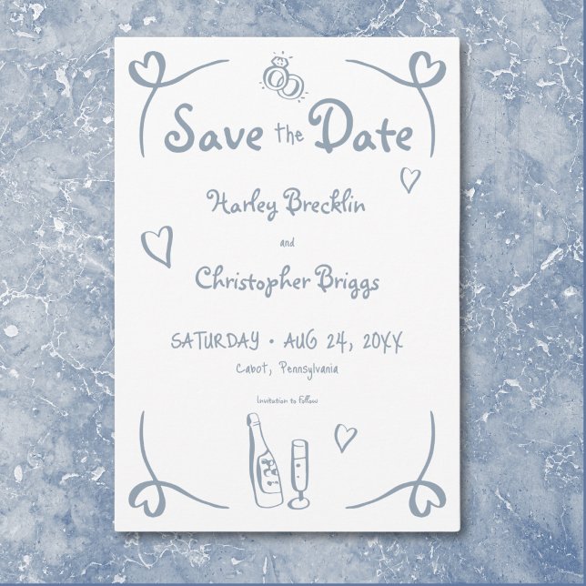 Whimsical Retro Hand Drawn Dusty Blue Wedding Save The Date (Whimsical Retro Hand Drawn Dusty Blue Wedding Save The Date)
