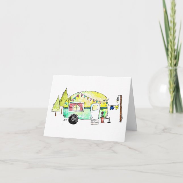 Whimsical Retro Happy Camper Karte (Vorderseite)