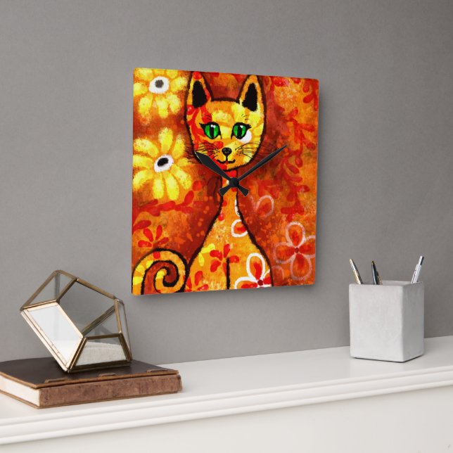 Whimsical Retro Kitty Cat Abstrakt Art Orange Quadratische Wanduhr (Büro)
