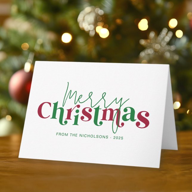 Whimsical Retro Merry Christmas with Family Name Karte (Personalize with your name and family annual message!)