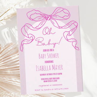 Whimsical Retro Pink Hand Drawn Bow Baby Dusche Einladung