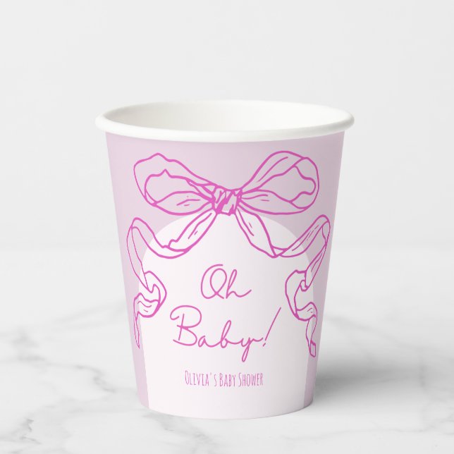 Whimsical Retro Pink Hand Drawn Bow Baby Dusche Pappbecher (Vorderseite)