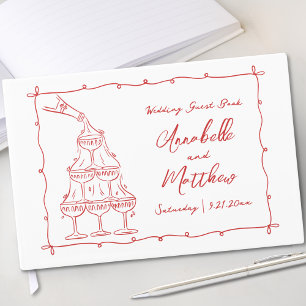 Whimsical Retro Rote Handgezeichnete Hochzeit Gästebuch