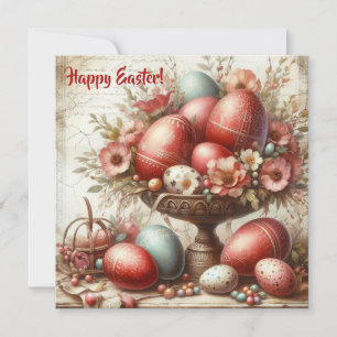 Whimsical Retro Rote Ostereier Frühlingsblumen Feiertagskarte