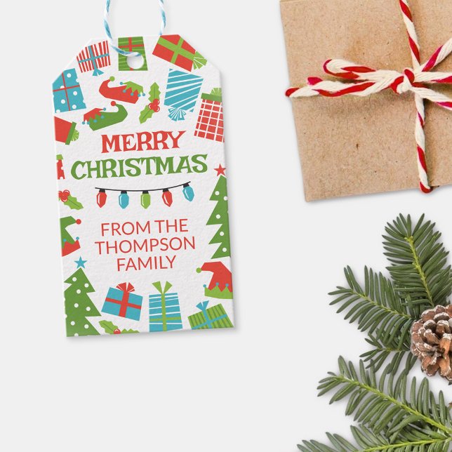 Whimsical Retro Tree & Geschenke Frohe Weihnachten Geschenkanhänger (Von Creator hochgeladen)