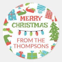 Whimsical Retro Tree & Geschenke Frohe Weihnachten Runder Aufkleber