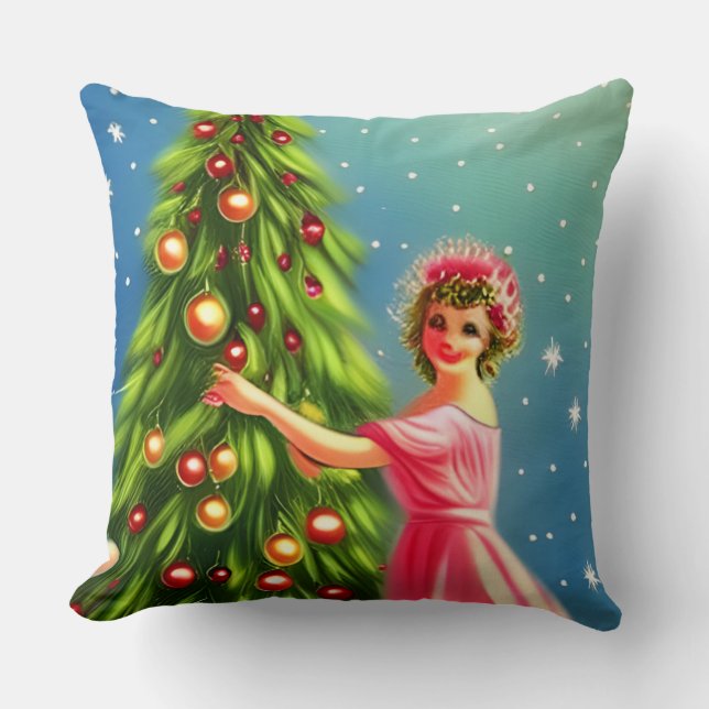 Whimsical Retro Vintage Weihnachten Lady und Baum Kissen (Vorderseite)