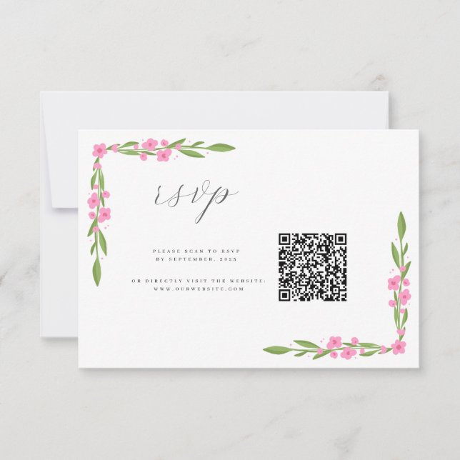 Whimsical Ribbon Floral Wedding QR RSVP Karte (Vorderseite)
