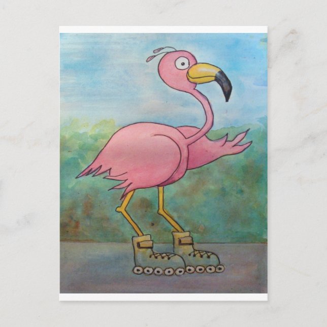 Whimsical Roller Skaten Roller Blading Flamingo Postkarte (Vorderseite)