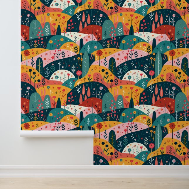 Whimsical Rolling Hills Garden - Farbenfrohe Kunst Tapete (Anwendung)