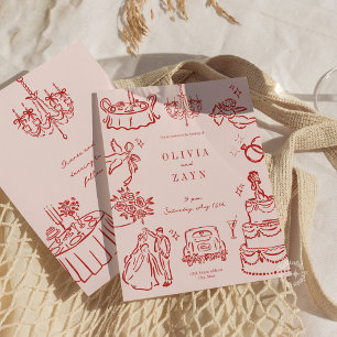 Whimsical Romantic Hand Drawn Red Wedite Einladung