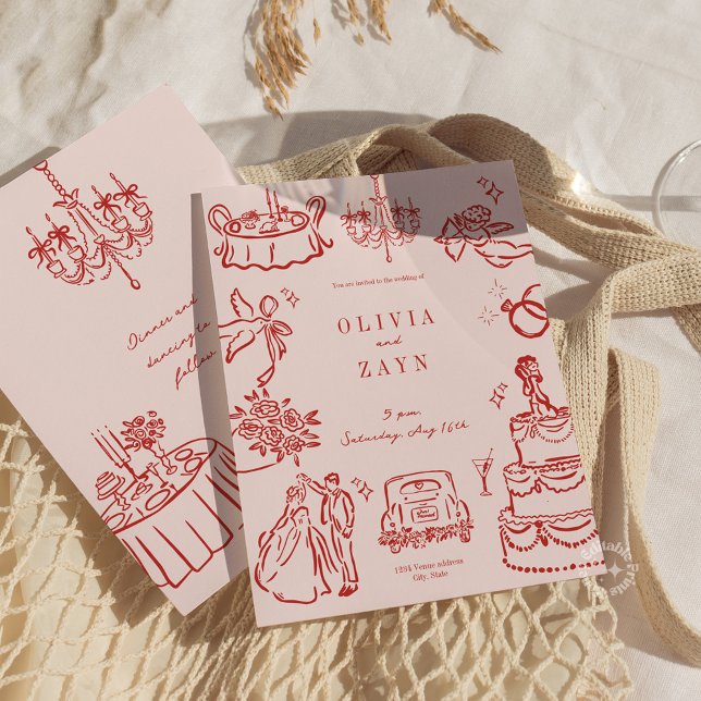 Whimsical Romantic Hand Drawn Red Wedite Einladung (Whimsical Hand Drawn Wedding Invitation red pink)