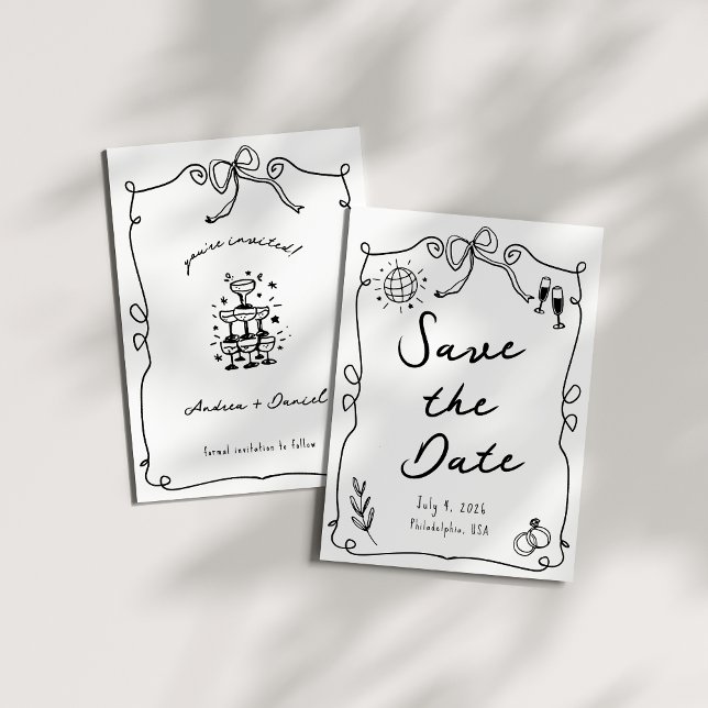 Whimsical Romantic Hand Schwarz-weiße Hochzeit gez Save The Date (Von Creator hochgeladen)