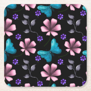 Whimsical Rosa Floral und Blau Schmetterling Nahtl Rechteckiger Pappuntersetzer