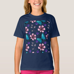 Whimsical Rosa Floral und Blau Schmetterling Nahtl T-Shirt