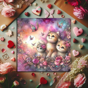 Whimsical Rosa Lila Aquarell Kätzchen Valentinstag Feiertagskarte