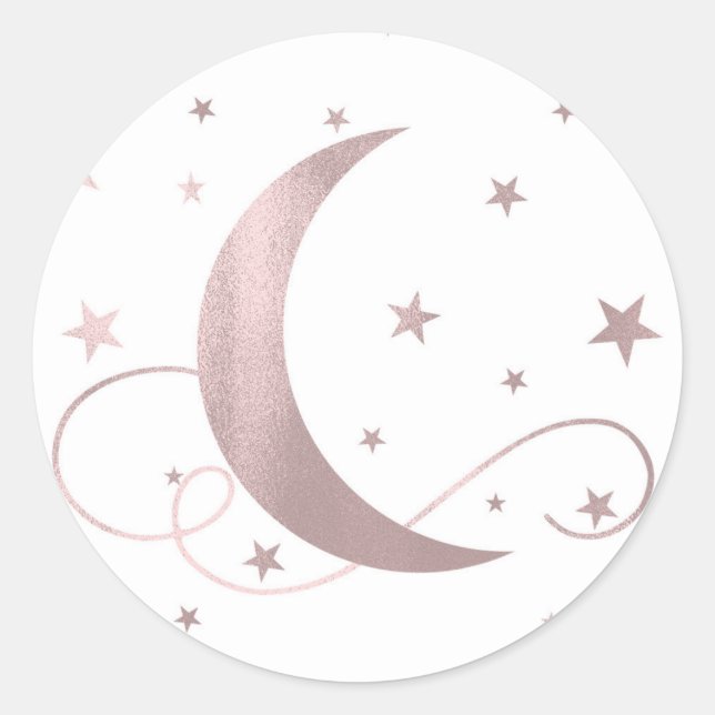 Whimsical Rose Gold Pink Moon Stars Kinderdusche Runder Aufkleber (Vorderseite)