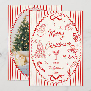 Whimsical rote Handzeichnungen Weihnachtsfoto Feiertagskarte