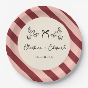 Whimsical rote und rosafarbene gestreifte Hochzeit Pappteller