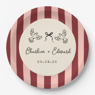 Whimsical rote und rosafarbene gestreifte Hochzeit Pappteller