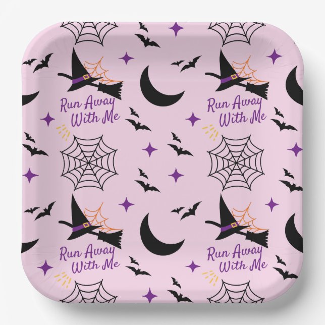Whimsical "Run Away with Me" Halloween Hexe & Bat Pappteller (Vorderseite)