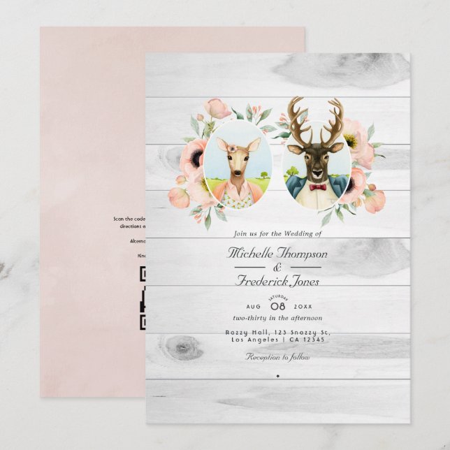 Whimsical Rustic Woodland Forest Deer Wedding Einladung (Vorne/Hinten)