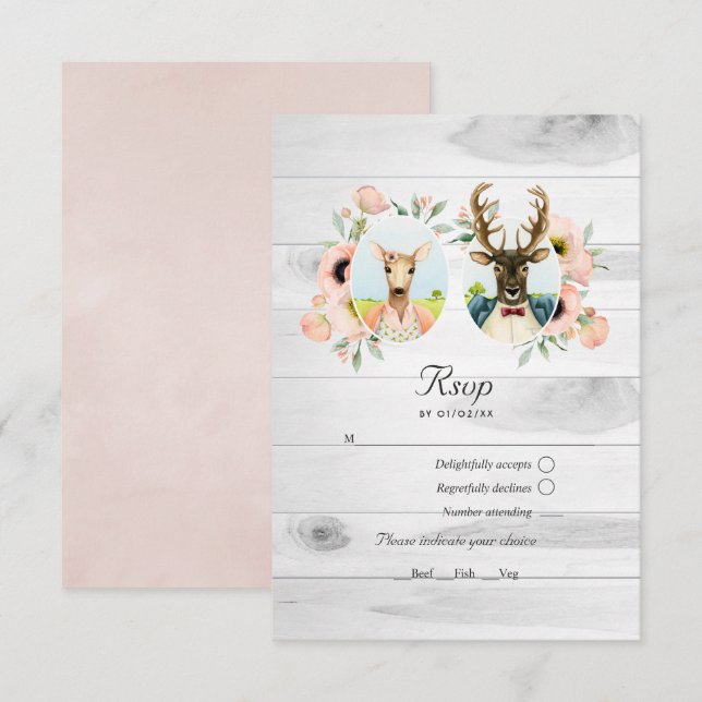 Whimsical Rustic Woodland Forest Deer Wedding RSVP Karte (Vorne/Hinten)