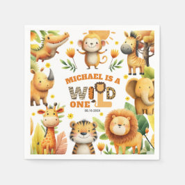 Whimsical Safari Animals WILD ONE 1st Birthday Serviette