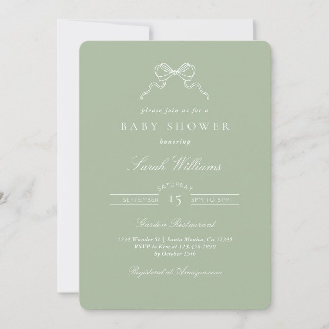 Whimsical Sage Bow Baby Shower Einladung (Vorderseite)