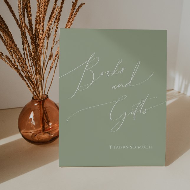 Whimsical Sage Green Baby Dusche Bücher und Gesche Sockelschild (Von Creator hochgeladen)