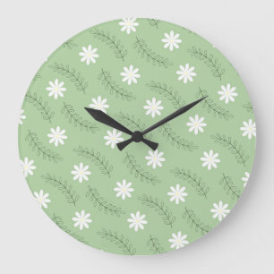 Whimsical Sage Green Floral Retro, fröhlich Große Wanduhr