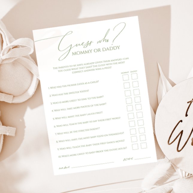 Whimsical Sage Green rät, wer Mama oder Daddy Card Einladung (Von Creator hochgeladen)