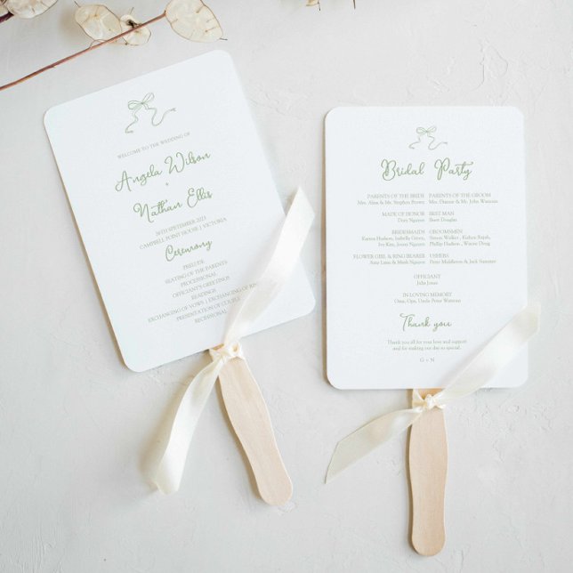 Whimsical Sage Green Wedding Program Fan Fächer (sage green bow wedding program fan with bridal party hand written ceremony and hand drawn bow )
