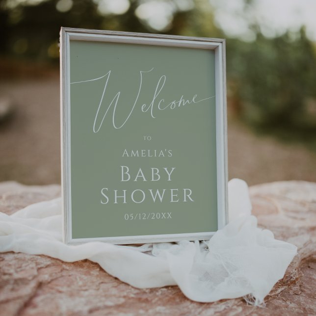 Whimsical Sage Green Welcome Baby Dusche Schild (Von Creator hochgeladen)
