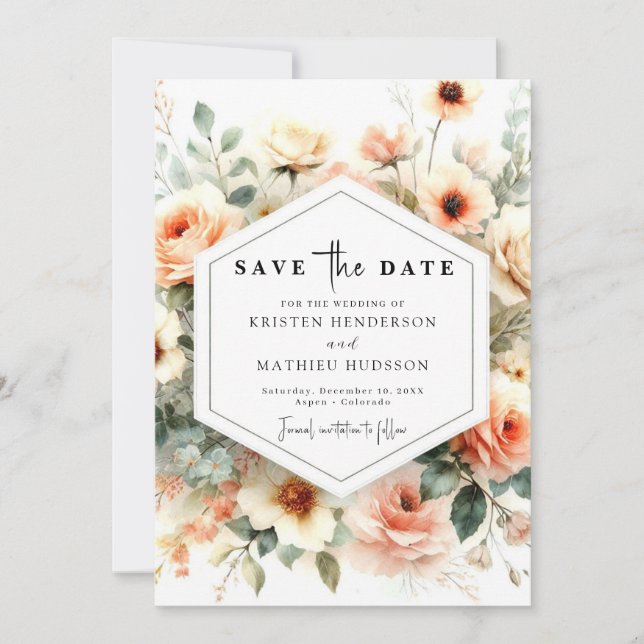 Whimsical Sage Peach Wedding Save The Date (Vorderseite)